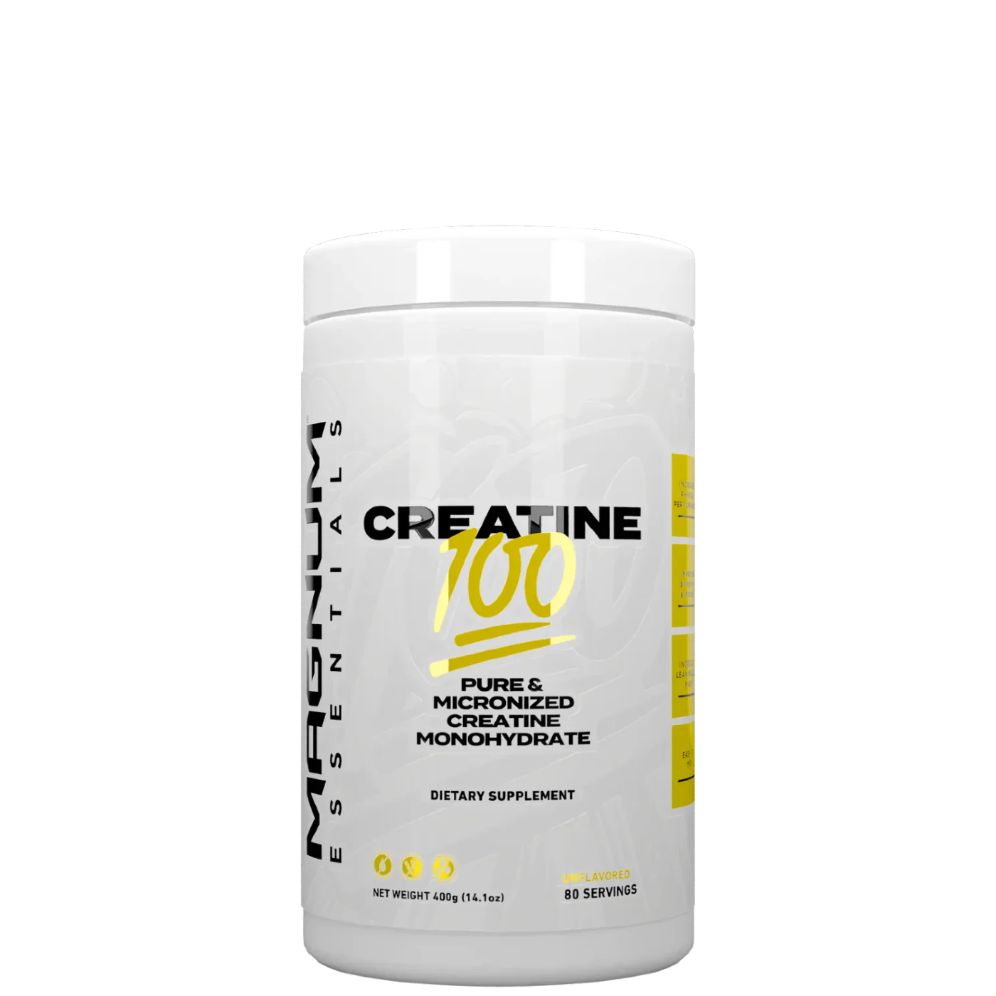 A container of Magnum Essentials Creatine 100, which is pure micronized creatine monohydrate, unflavored, and intended for mixing with a beverage.