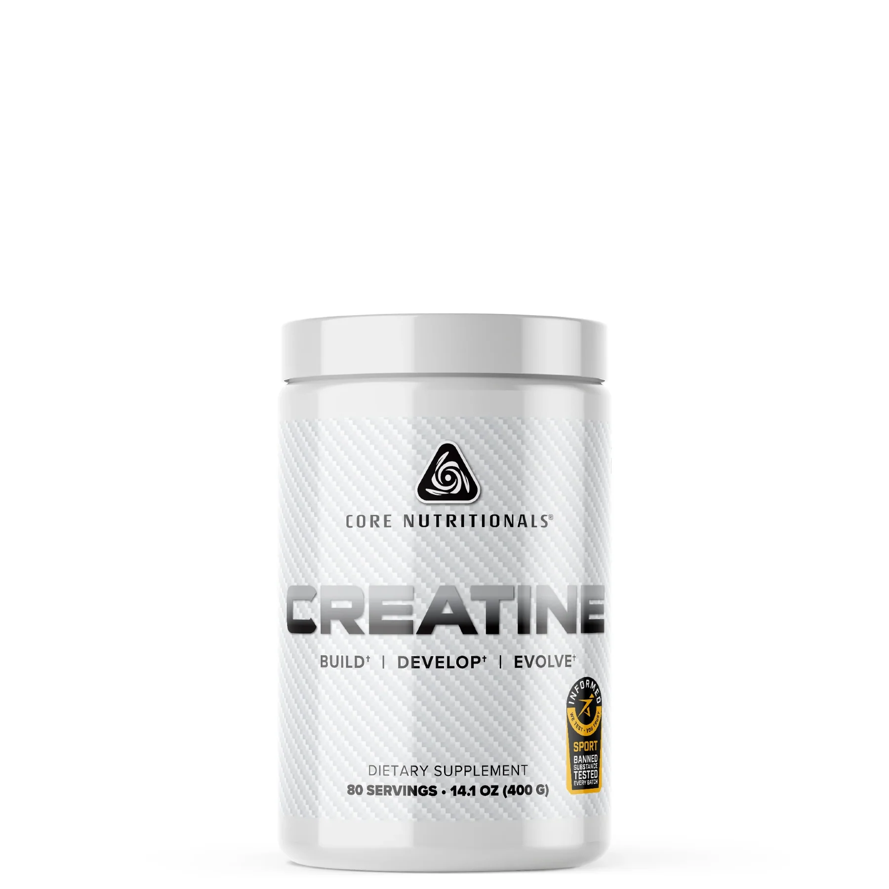A container of Core Nutritionals Creatine Monohydrate, which is a white powder in a white container with a silver and black label.