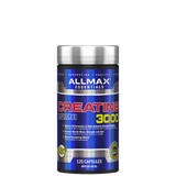 A container of Allmax Creatine 3000 Capsules, which is blue and white with product information and branding.