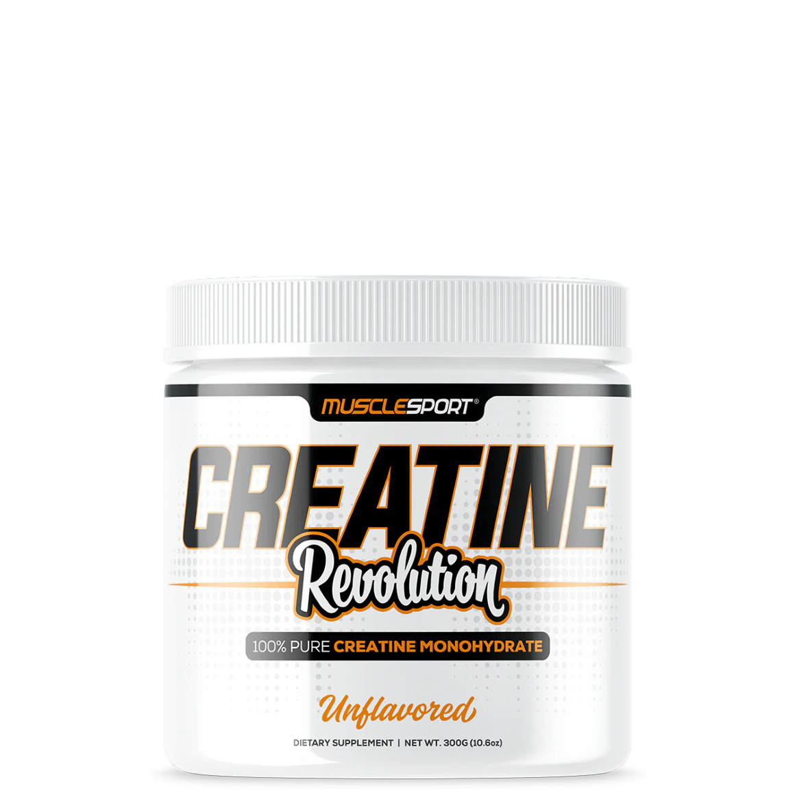 A container of MuscleSport Creatine Monohydrate, unflavored, with a white label and orange accents.