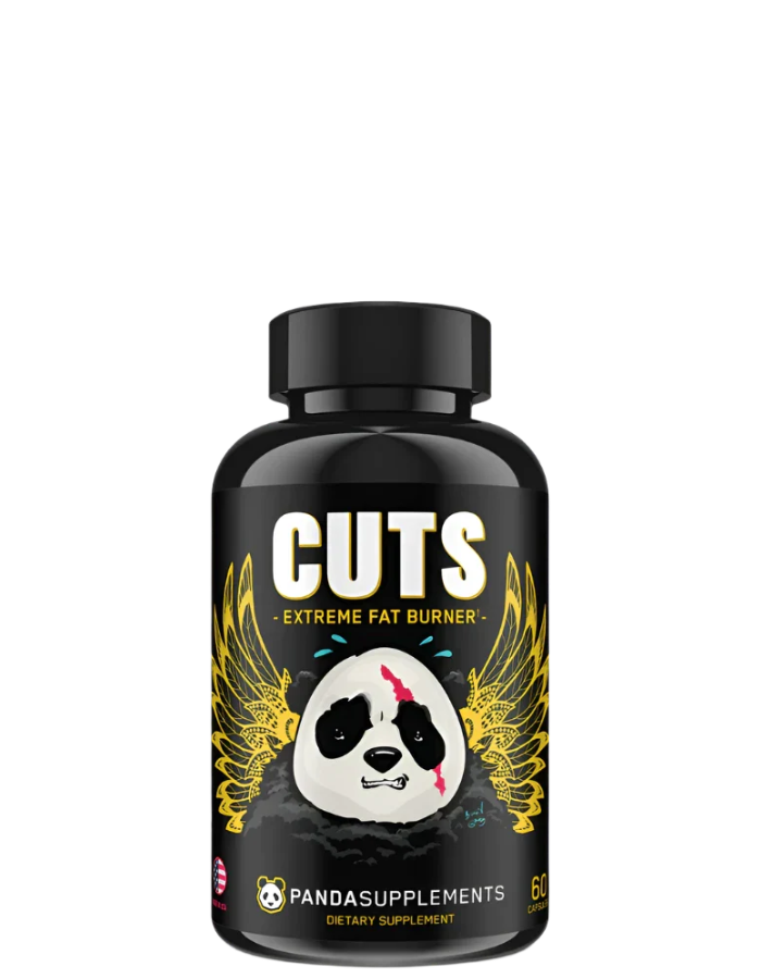 A bottle of 'CUTS - Extreme Fat Burner' supplement with a graphic of a panda on the label.