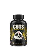 A bottle of 'CUTS - Extreme Fat Burner' supplement with a graphic of a panda on the label.