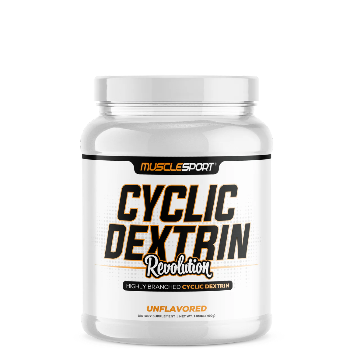 A container of MuscleSport Cyclic Dextrin Unflavored, 750 grams.
