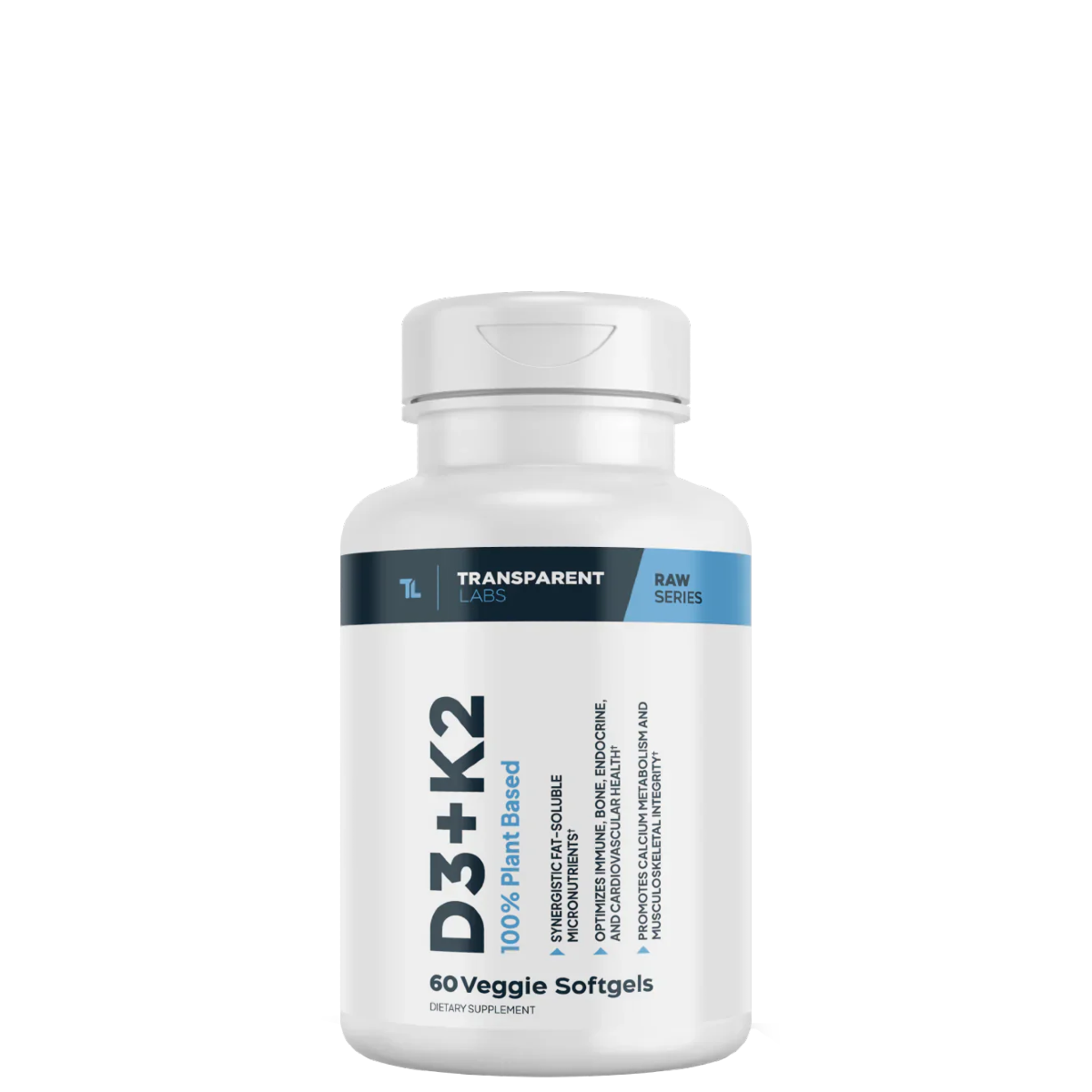 A bottle of Transparent Labs Vitamin D3+K2 softgels with 60 veggie softgels indicated on it.