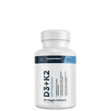 A bottle of Transparent Labs Vitamin D3+K2 softgels with 60 veggie softgels indicated on it.