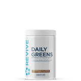 A container of Revive Daily Greens powder with a label indicating 'Espresso Flavor'.