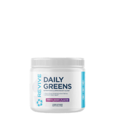A container of Revive Daily Greens powder with a label indicating 'Fresh Berry Flavor'.