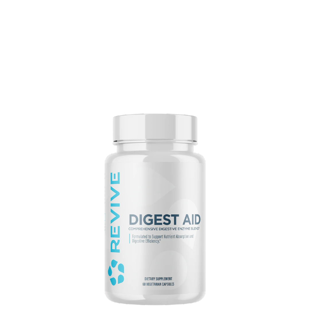 A bottle of Revive Digest Aid supplement, which is designed to support healthy digestion and gut health.