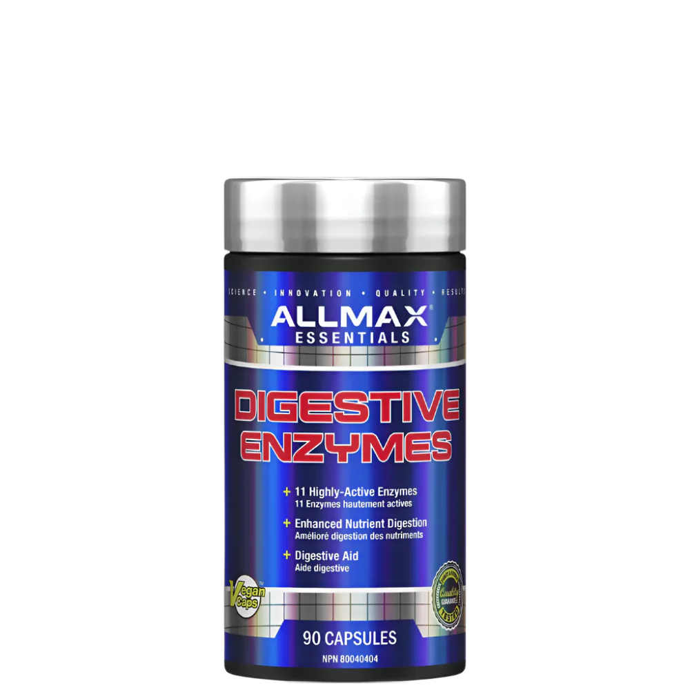 A bottle of ALLMAX Digestive Enzymes capsules.