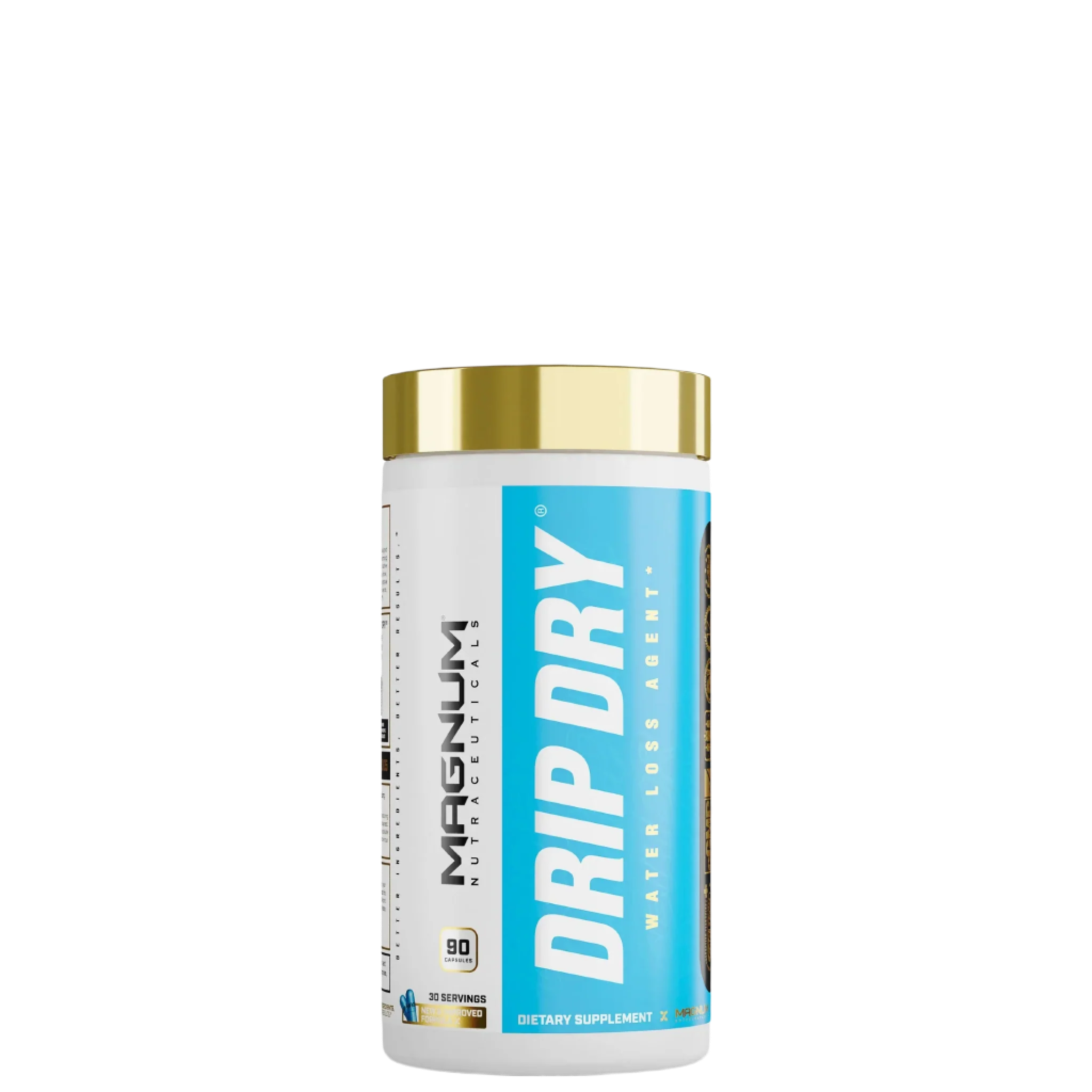 A container of DRIP DRY supplement by MAGNUM SUPPLEMENTS, designed for weight loss and muscle definition.