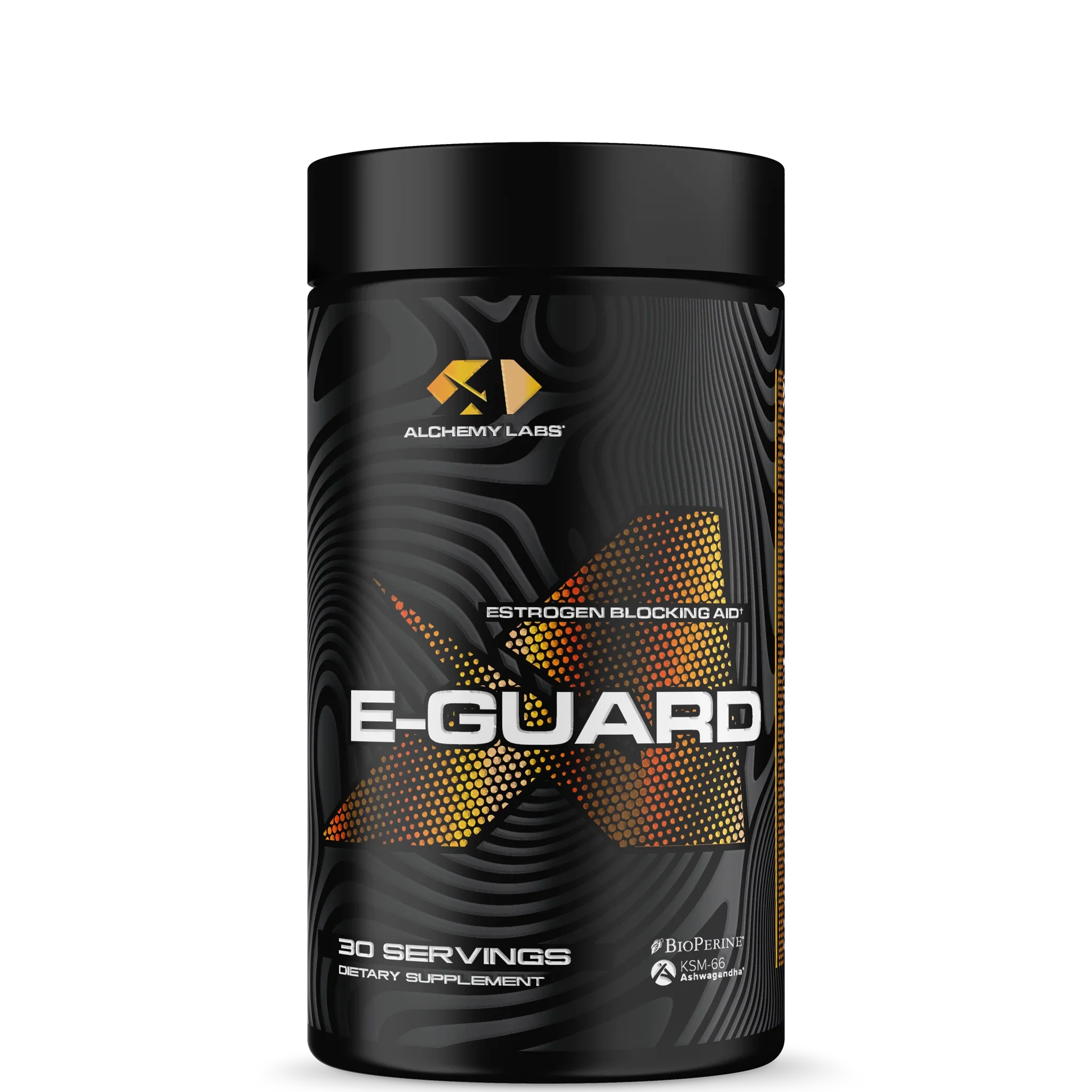A container of Alchemy Labs E-GUARD, an all-natural estrogen blocking supplement, with a black and orange design.