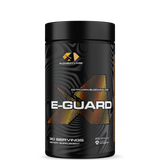 A container of Alchemy Labs E-GUARD, an all-natural estrogen blocking supplement, with a black and orange design.