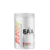 A container of EAA (Essential Amino Acids) supplement powder with watermelon flavor from the brand RAW.