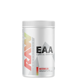 A container of EAA (Essential Amino Acids) supplement powder with watermelon flavor from the brand RAW.