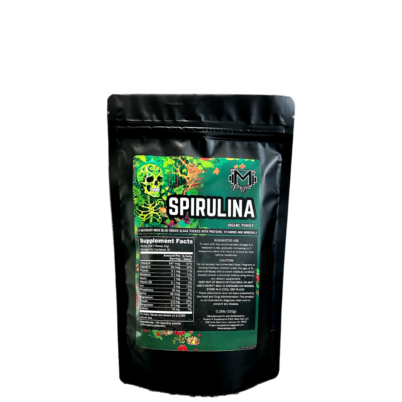 A pouch of Project M Organic Spirulina Powder with supplement facts and branding visible.
