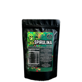 A pouch of Project M Organic Spirulina Powder with supplement facts and branding visible.