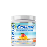 A container of Evoburn Elite Thermogenic Powder with a blue and white label, featuring an image of two glasses of a orange-colored beverage.