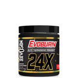 A container of Evoburn Elite Thermogenic Powder with a blue and white label, featuring an image of two glasses of a orange-colored beverage.