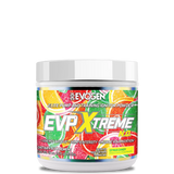 A container of EVP Xtreme N.O. Pre-Workout powder with a colorful label featuring red, yellow, and blue elements.