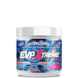 A container of EVP Xtreme N.O. Pre-Workout powder with a colorful label featuring red, yellow, and blue elements.