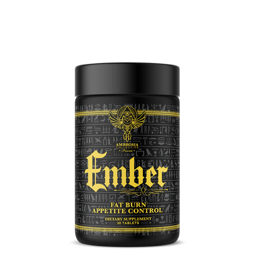 A black container of Ember fat burner and appetite control supplement with yellow and silver label design.