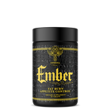 A black container of Ember fat burner and appetite control supplement with yellow and silver label design.