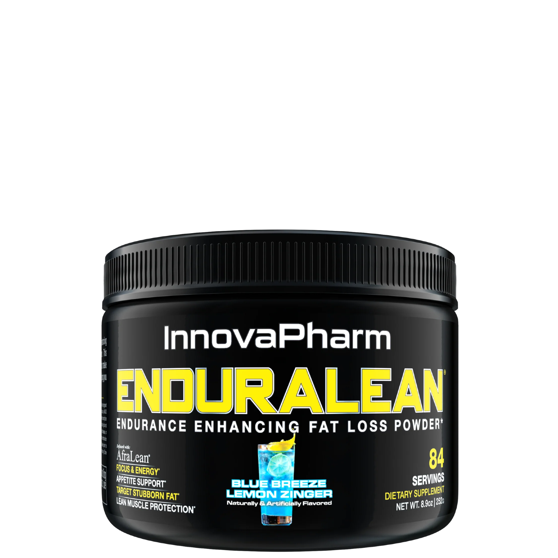 A container of ENDURALEAN by InnovaPharm, which is an endurance enhancing fat loss powder in blueberry lemon ginger flavor.