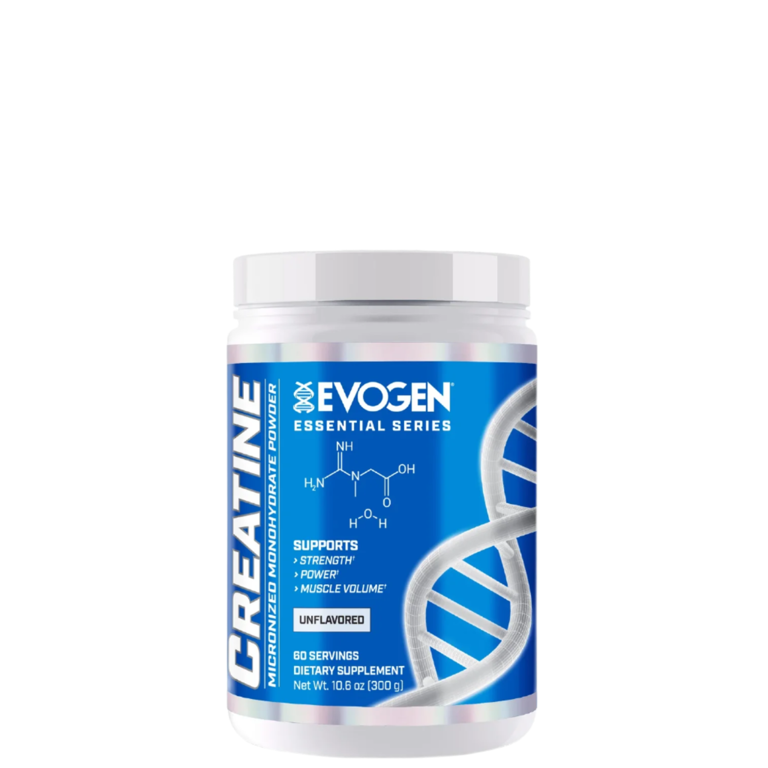 A container of Evogen Essential Series Creatine Monohydrate with the brand's logo and DNA helix graphics on the label.