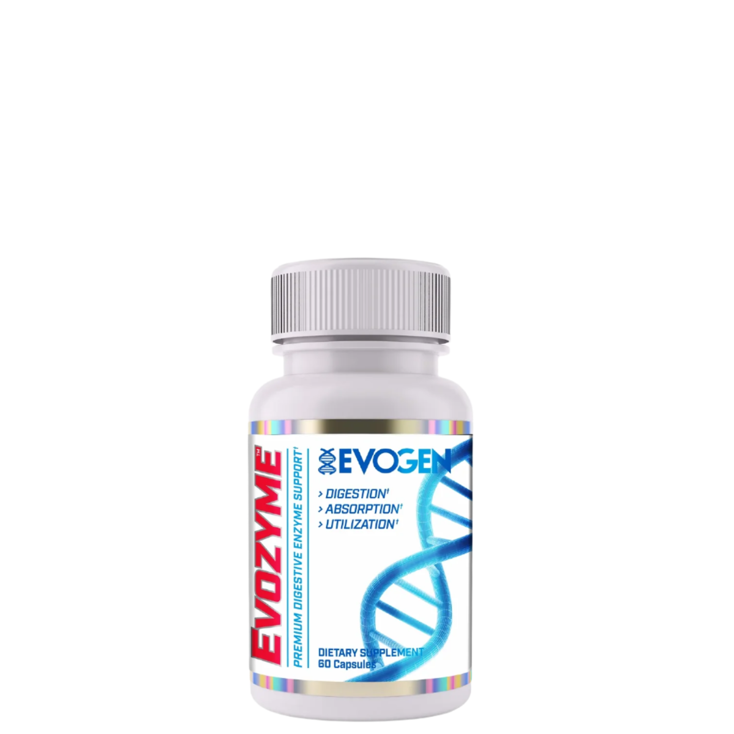 A bottle of Evogen Evozyme Enzyme Complex with a label featuring a blue and white design and a DNA double helix.
