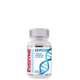 A bottle of Evogen Evozyme Enzyme Complex with a label featuring a blue and white design and a DNA double helix.
