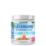 A container of Evoburn Elite Thermogenic Powder with a blue and white label, featuring an image of two glasses of a orange-colored beverage.