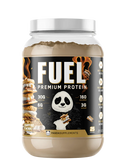 A container of Panda Supps FUEL Premium Protein powder in S'mores flavor. The label shows the product name, a panda cartoon, and nutritional information.