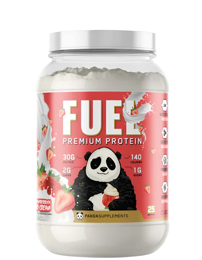 A container of Panda Supps FUEL Premium Protein powder in Strawberries & Cream flavor. The label shows the product name, a panda cartoon, and nutritional information.