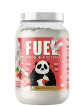 A container of Panda Supps FUEL Premium Protein powder in Strawberries & Cream flavor. The label shows the product name, a panda cartoon, and nutritional information.