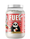 A container of Panda Supps FUEL Premium Protein powder in Strawberries & Cream flavor. The label shows the product name, a panda cartoon, and nutritional information.