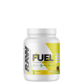 A container of Raw Fuel sports nutrition powder with a label showing the brand name and the product name.