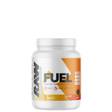 A container of Raw Fuel sports nutrition powder with a label showing the brand name and the product name.