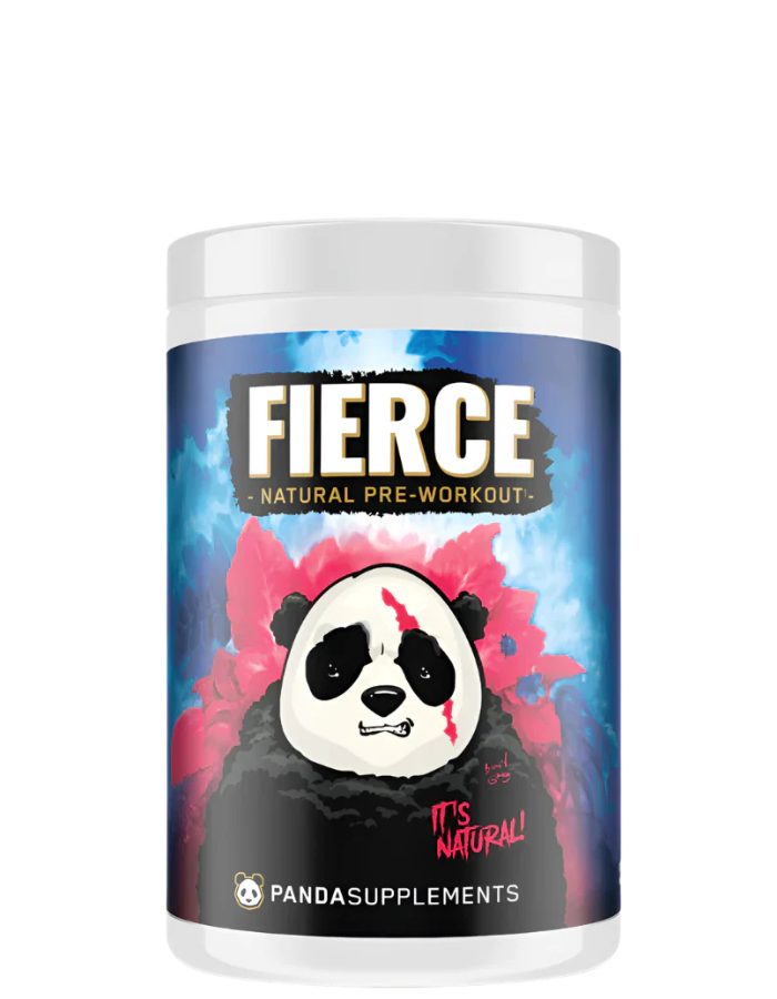 Container of Panda Supps Natural Fierce Pre-Workout powder with a graphic of a panda on the label.