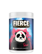 Container of Panda Supps Natural Fierce Pre-Workout powder with a graphic of a panda on the label.