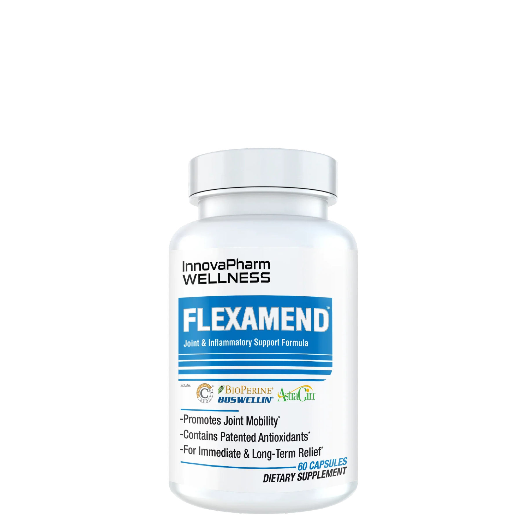 A bottle of Flexamend joint supplement with the InnovaPharm Wellness logo and information about the product.