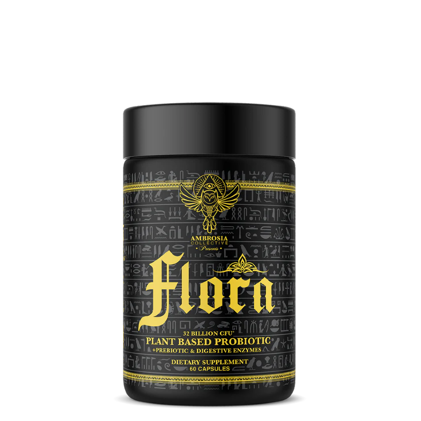 A black cylindrical container with gold and yellow text and graphics, labeling it 'Flora' as a Plant-Based Probiotic dietary supplement.