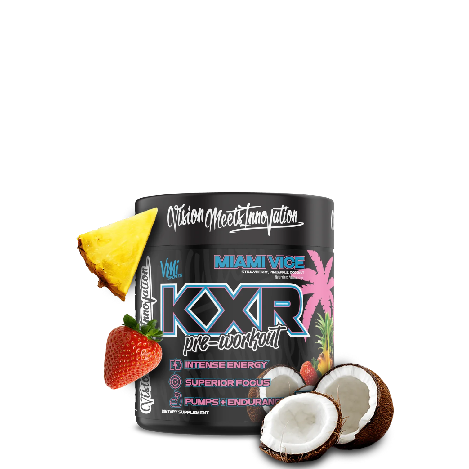 A container of VMI Sports KXR Pre Workout supplement, featuring a tropical design with fruits and a cityscape. The product is black with colorful accents and includes an image of a pineapple, strawberry, and coconut.