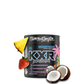 A container of VMI Sports KXR Pre Workout supplement, featuring a tropical design with fruits and a cityscape. The product is black with colorful accents and includes an image of a pineapple, strawberry, and coconut.