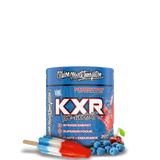 A container of VMI Sports KXR Pre Workout supplement, featuring a tropical design with fruits and a cityscape. The product is black with colorful accents and includes an image of a pineapple, strawberry, and coconut.