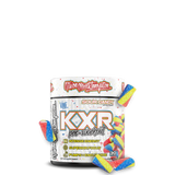 A container of VMI Sports KXR Pre Workout supplement, featuring a tropical design with fruits and a cityscape. The product is black with colorful accents and includes an image of a pineapple, strawberry, and coconut.
