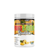 A container of MuscleSport Fruits & Greens Revolution supplement, featuring various fruits and colors, indicating a mix of different ingredients.