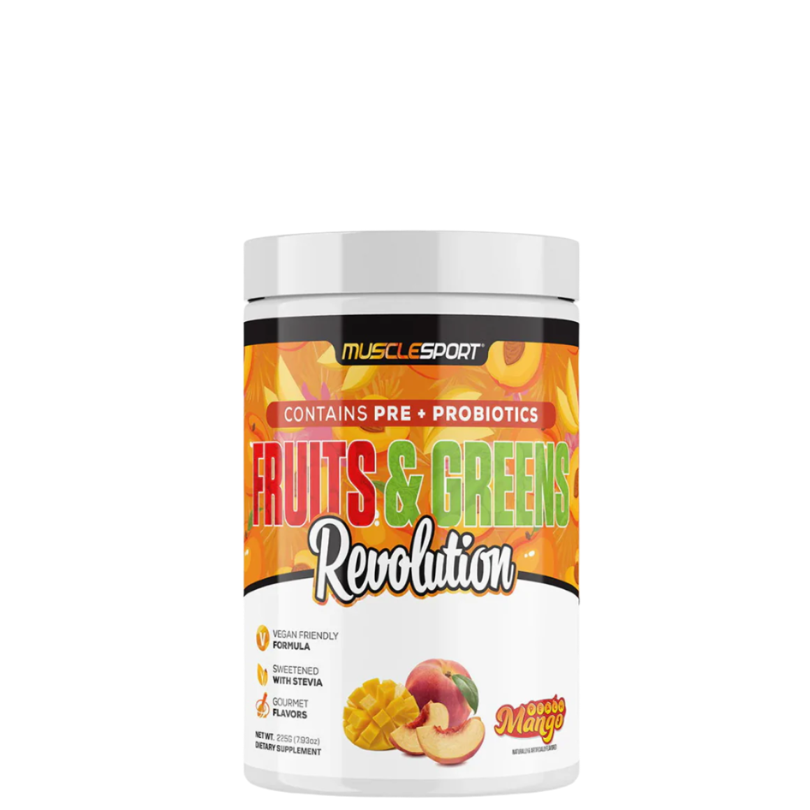 A container of MuscleSport Fruits & Greens Revolution supplement, featuring various fruits and colors, indicating a mix of different ingredients.