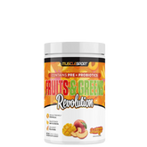 A container of MuscleSport Fruits & Greens Revolution supplement, featuring various fruits and colors, indicating a mix of different ingredients.
