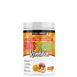 A container of MuscleSport Fruits & Greens Revolution supplement, featuring various fruits and colors, indicating a mix of different ingredients.
