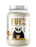A container of Panda Supps FUEL Premium Protein powder in Cinnamon flavor. The label shows the product name, a panda cartoon, and nutritional information.